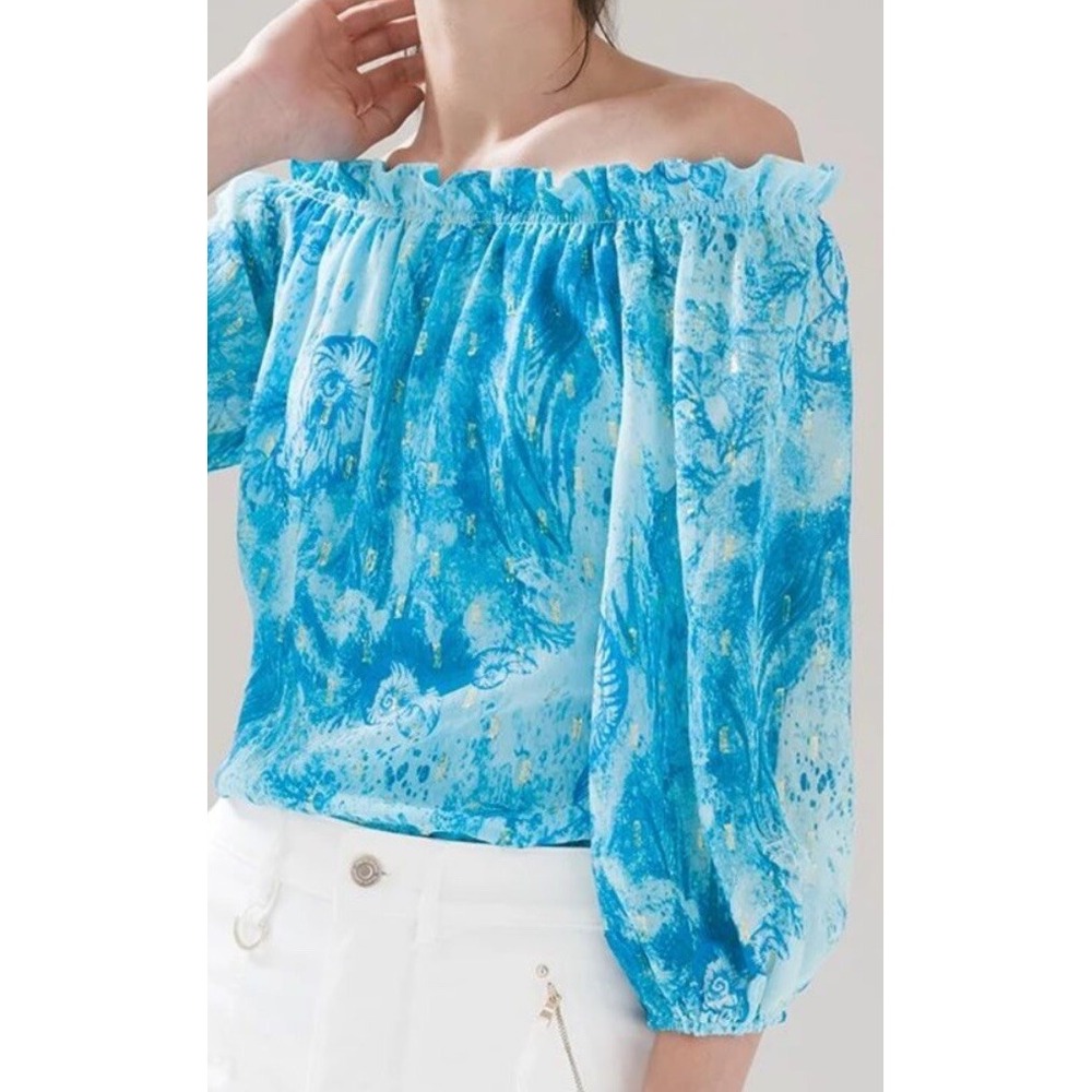 White House Black Market Off Shoulder Clip Dot Metallic Blue Seashell Blouse L